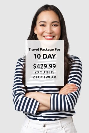 A woman holding up a sign with the words " travel package for 1 0 day $ 4 2 9. 9 9 ".