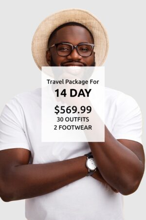 A man holding up a sign with the price of a travel package for 1 4 days.