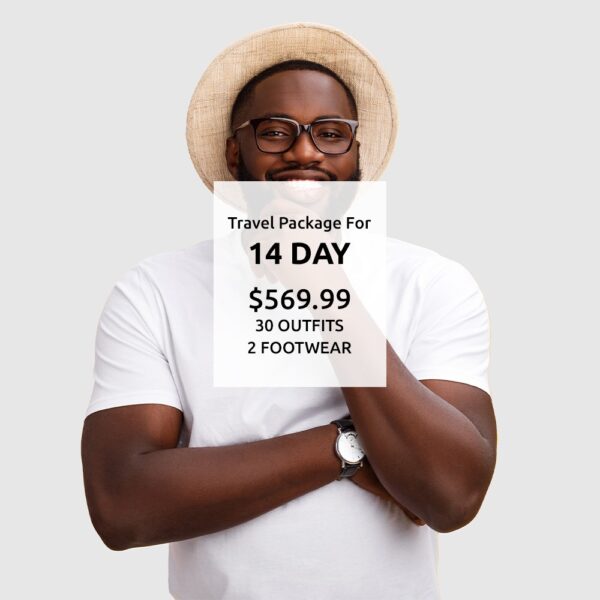 A man holding up a sign with the price of a travel package for 1 4 days.