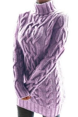 A woman wearing a purple sweater with long sleeves.